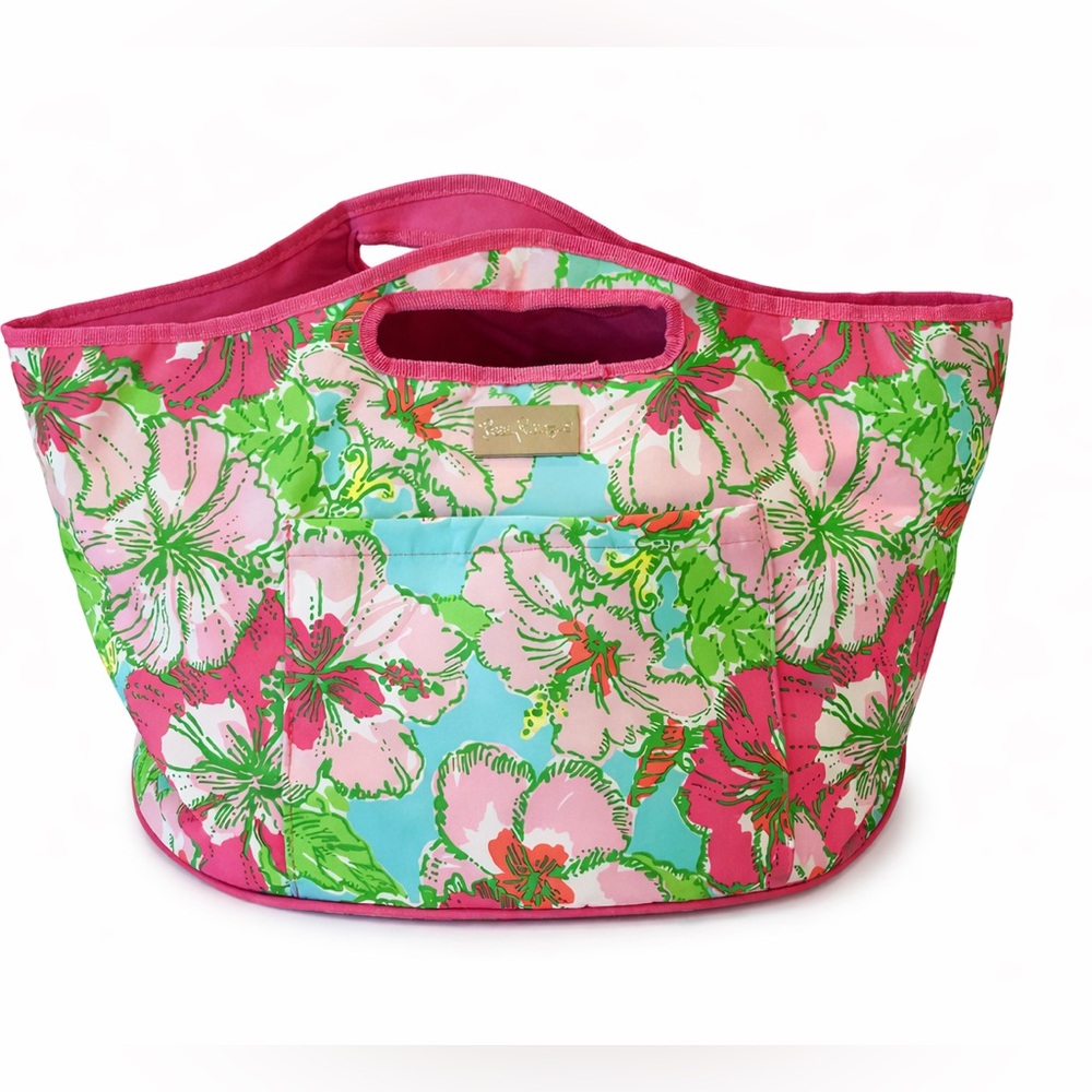 Lilly Pulitzer Floral Insulated Tote Cooler Bag Pink Green Zip Beach Travel - Picture 8 of 8